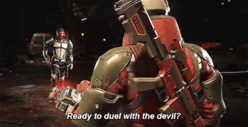 A Video Game Character Says " Ready To Duel With The Devil ? " GIF