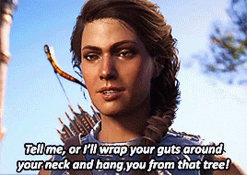 A Video Game Character Says Tell Me Or I 'Ll Wrap Your Guts Around Your Neck And Hang You From That Tree . GIF
