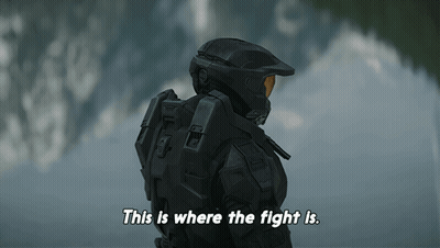 A Video Game Character Says " This Is Where The Fight Is " While Wearing A Black Helmet GIF