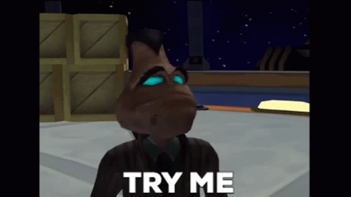 A Video Game Character Says " Try Me " While Looking At The Camera GIF