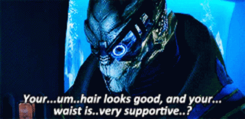 A Video Game Character Says Your Hair Looks Good And Your Waist Is Very Supportive .. GIF