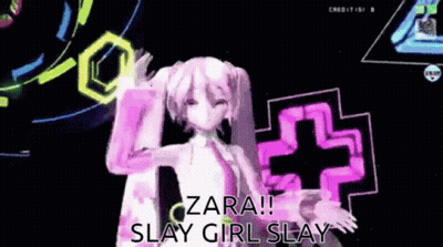 A Video Game Character Says " Zara Slay Girl Slay " At The Bottom GIF