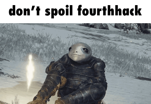 A Video Game Character Sitting In The Snow With The Words " Don 'T Spoil Fourthhack " On The Bottom GIF