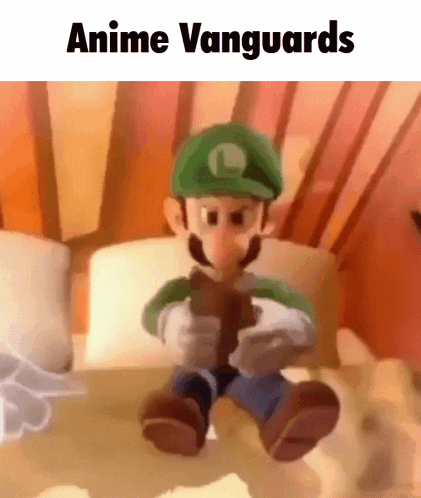A Video Game Character Sitting On A Bed With The Words Anime Vanguards Above Him GIF