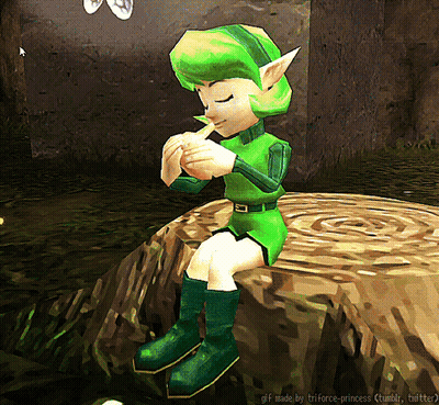 A Video Game Character Sitting On A Tree Stump GIF