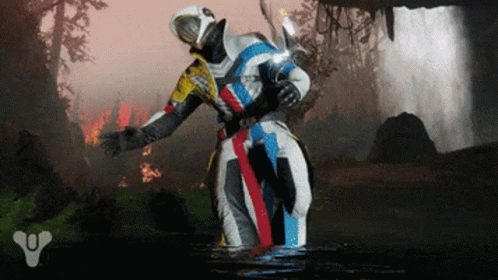 A Video Game Character Standing In The Water With A Waterfall In The Background GIF