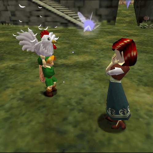 A Video Game Character Standing Next To A Chicken And A Fairy GIF