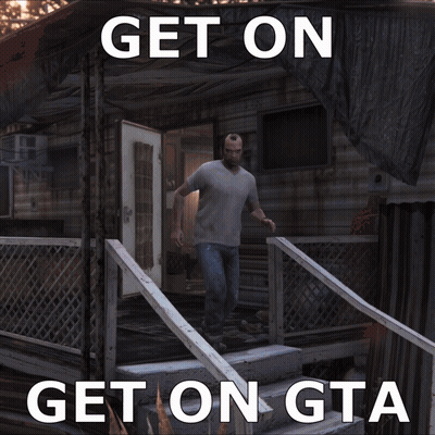 A Video Game Character Standing On Stairs With The Words Get On Get On Gta GIF