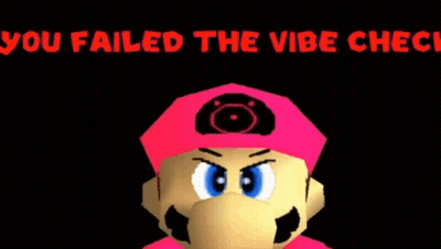 A Video Game Character Wearing A Pink Hat And A Mask With The Words `` You Failed The Vibe Check '' Above Him . GIF