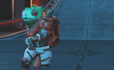 A Video Game Character With A Green Lizard Head And Arms GIF