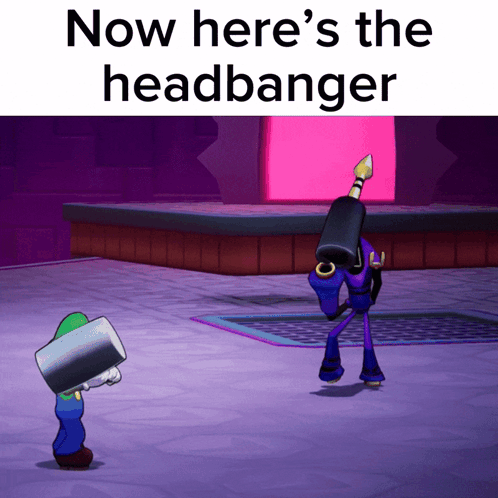 A Video Game Character With A Hammer On His Head And The Words Now Here 'S The Headbanger On The Bottom GIF