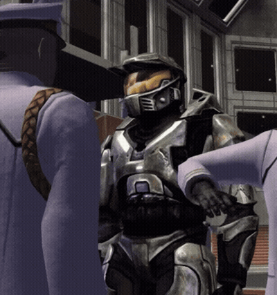 A Video Game Character With A Helmet That Says ' Sentinel ' On It GIF