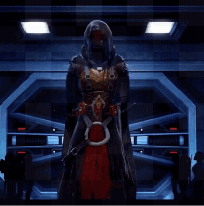 A Video Game Character With A Hood Is Standing In A Dark Room Holding A Sword GIF