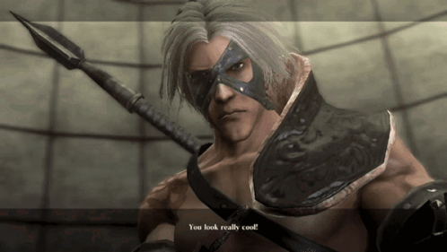 A Video Game Character With A Mask And A Spear Says You Look Really Cool GIF