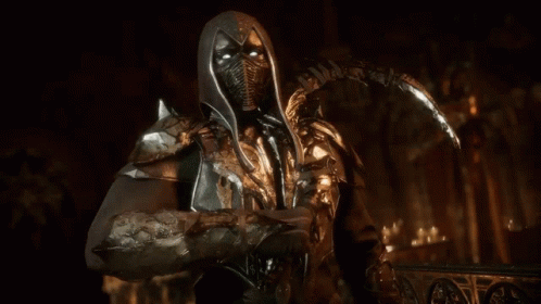A Video Game Character With A Mask On His Face Is Holding A Sword . GIF