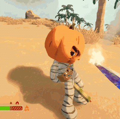 A Video Game Character With A Pumpkin On His Head And The Name Shimogan On The Bottom Right GIF