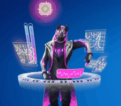 A Video Game Character With A Purple And Black Outfit Holding A Pink Board GIF