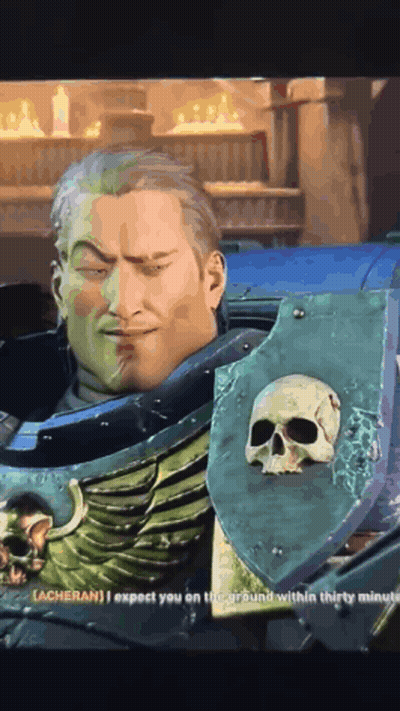 A Video Game Character With A Skull On His Shield Says " Acheran " GIF