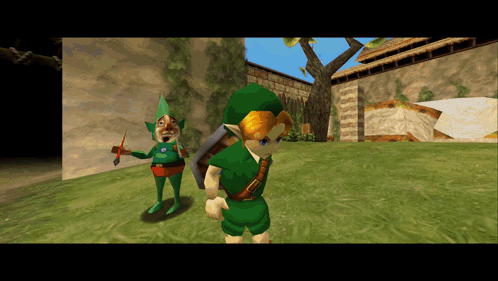 A Video Game Character With A Sword And Shield Standing Next To Another Character GIF
