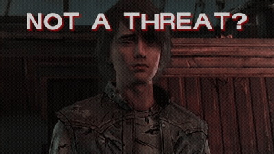 A Video Game Character With Blood On His Face And The Words " Not A Threat " GIF