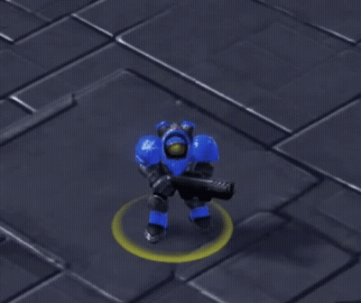 A Video Game Character With Blue Arms And A Gun GIF