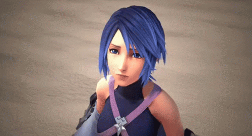 A Video Game Character With Blue Hair And A Purple Ribbon Around Her Waist GIF