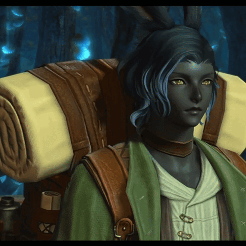 A Video Game Character With Blue Hair And Green Eyes GIF