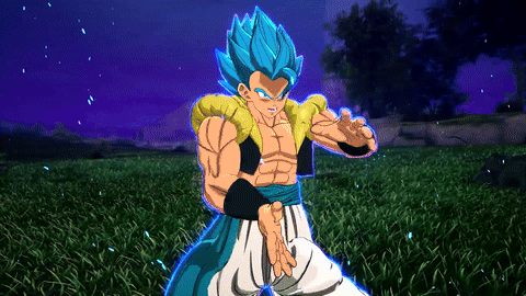 A Video Game Character With Blue Hair Is Standing In The Grass GIF