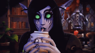 A Video Game Character With Green Eyes Drinking From A Cup With A Straw GIF