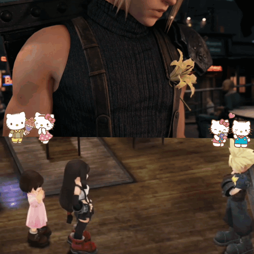 A Video Game Character With Hello Kitty Stickers On His Arms GIF