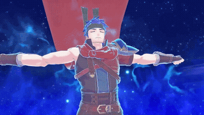 A Video Game Character With His Arms Outstretched Against A Blue Background GIF