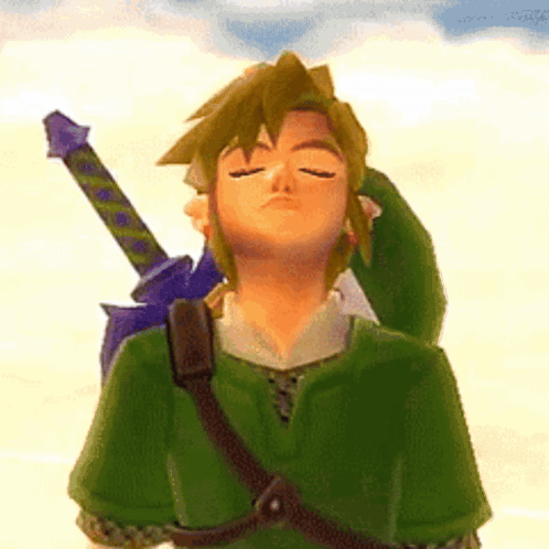 A Video Game Character With His Eyes Closed And A Sword On His Shoulder . GIF