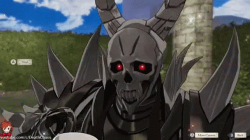A Video Game Character With Horns And Red Eyes Is Holding A Cup . GIF