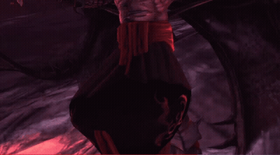 A Video Game Character With Long Red Nails Is Holding Another Character 'S Hand GIF