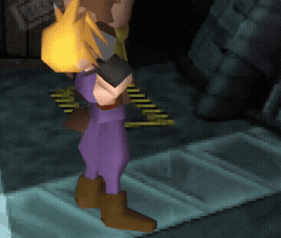 A Video Game Character With Purple Pants And Brown Boots Is Standing On A Staircase GIF