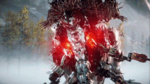 A Video Game Character With Red Eyes And A Gun GIF