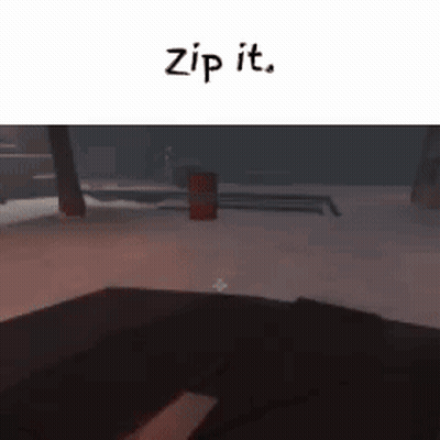 A Video Game Character With Red Eyes Is Holding A Gun And Says " Zip It " GIF