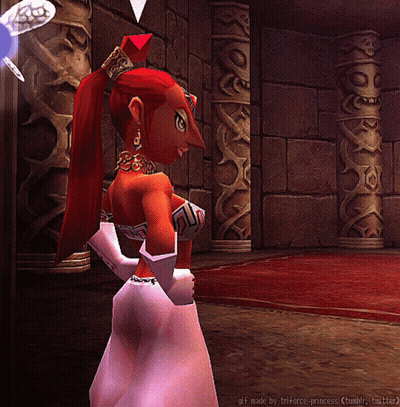 A Video Game Character With Red Hair Is Standing In A Room GIF