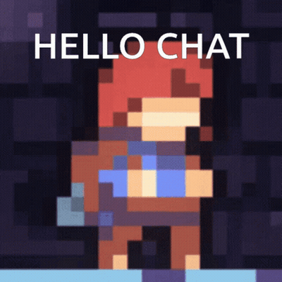 A Video Game Character With The Words Hello Chat Written Above It GIF