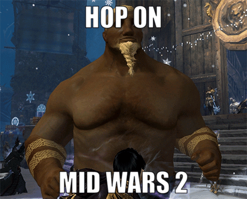 A Video Game Character With The Words Hop On Mid Wars 2 On The Bottom GIF