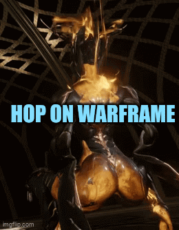 A Video Game Character With The Words Hop On Warframe GIF