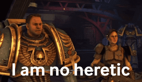 A Video Game Character With The Words I Am No Heretic On The Bottom GIF