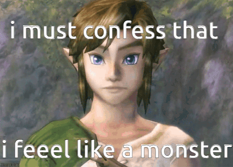 A Video Game Character With The Words " I Must Confess That I Feel Like A Monster " Below Him GIF