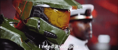 A Video Game Character With The Words I Need A Weapon GIF
