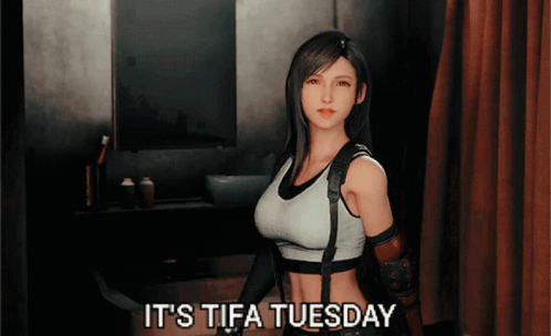 A Video Game Character With The Words It 'S Tifa Tuesday GIF