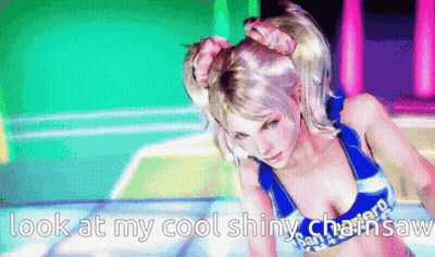 A Video Game Character With The Words Look At My Cool Shiny Chainsaw On The Bottom GIF