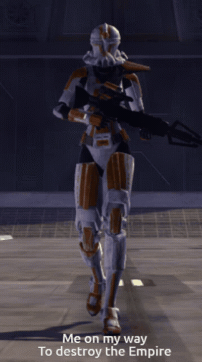 A Video Game Character With The Words Me On My Way To Destroy The Empire Below Him GIF