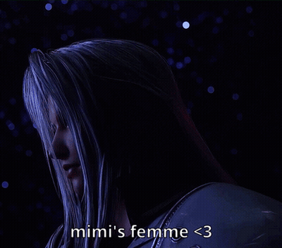 A Video Game Character With The Words Mimi 'S Femme < 3 Below Her GIF