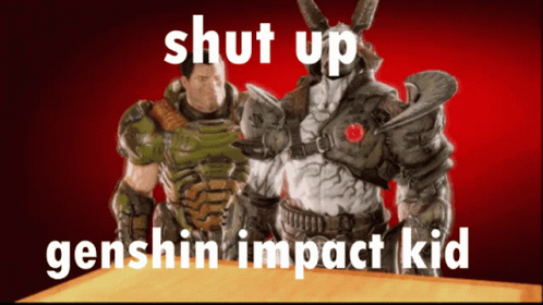 A Video Game Character With The Words Shut Up Genshin Impact Kid On It GIF