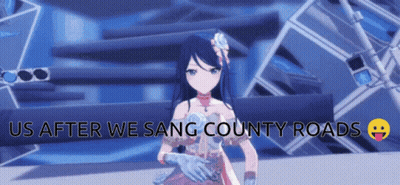 A Video Game Character With The Words Us After We Sang County Roads Above Her GIF
